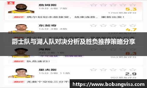 爵士队与湖人队对决分析及胜负推荐策略分享